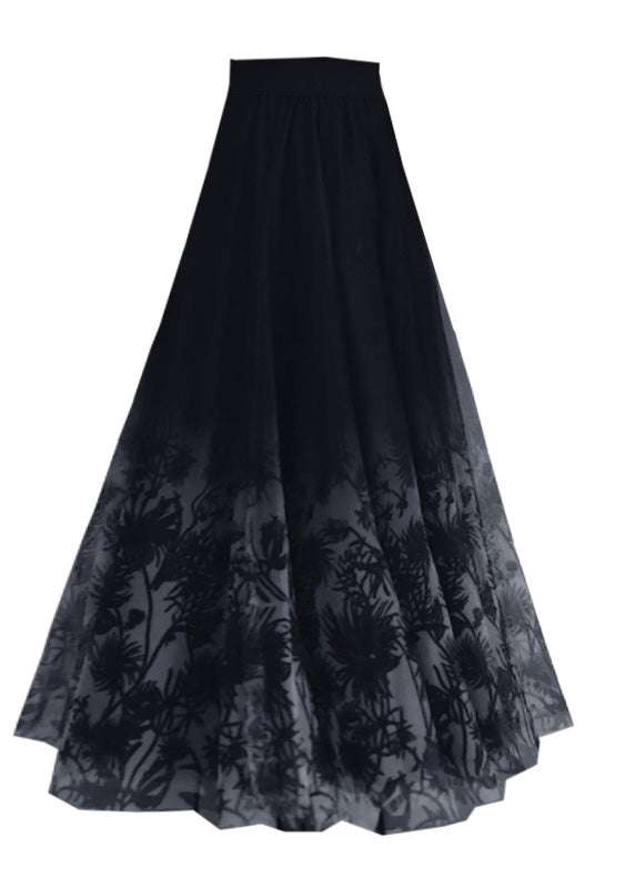Gradient Color Black Print High Waist Tulle a Line Skirt Spring