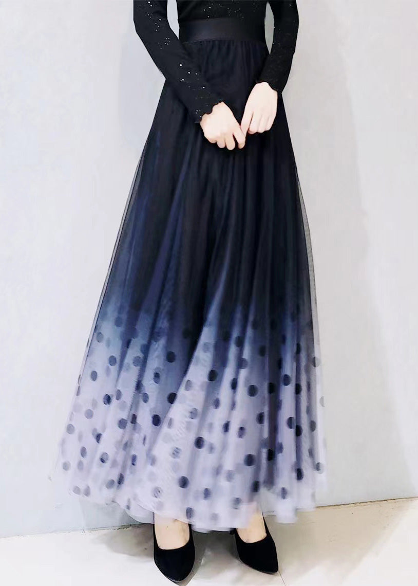 Gradient Color Blue Dot High Waist Tulle a Line Skirts Spring