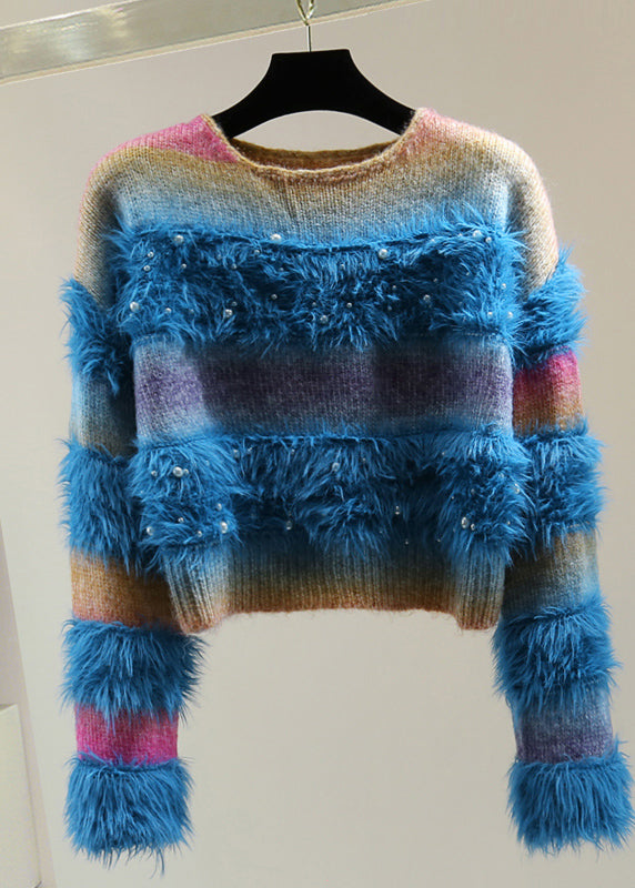 Gradient Color Blue O-neck Patchwork Nail Bead Cotton Knit Sweaters Winter