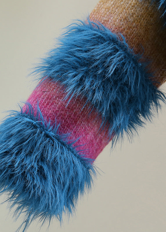 Gradient Color Blue O-neck Patchwork Nail Bead Cotton Knit Sweaters Winter