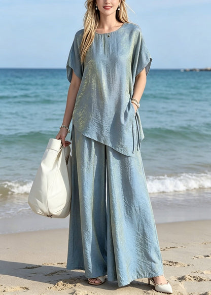 Gradient Color Blue O-neck Silk T Shirts and Wide Leg Pants Two Pieces Set Short Sleeve