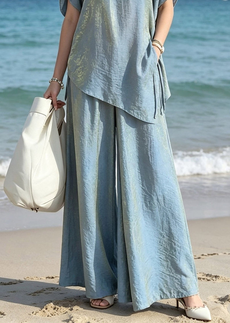 Gradient Color Blue O-neck Silk T Shirts and Wide Leg Pants Two Pieces Set Short Sleeve
