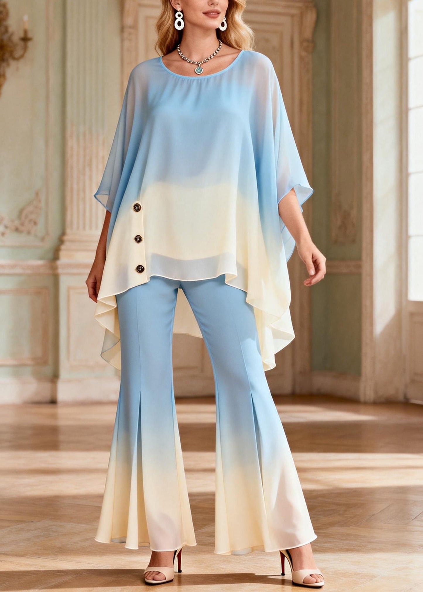 Gradient Color Blue O-neck Top and Flared Trousers Two Pieces Set Flare Sleeve