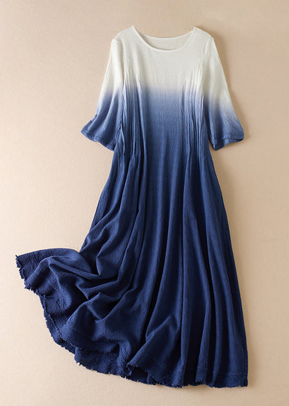 Gradient Color Blue O-neck Wrinkled Ramie Long Dress Short Sleeve