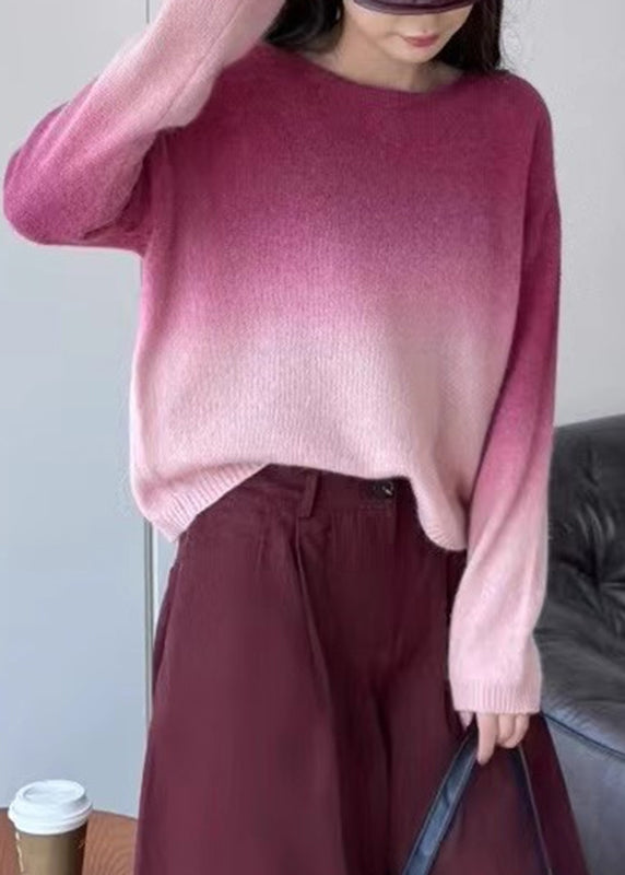 Gradient Color Pink O-neck Cotton Knit Sweaters Spring