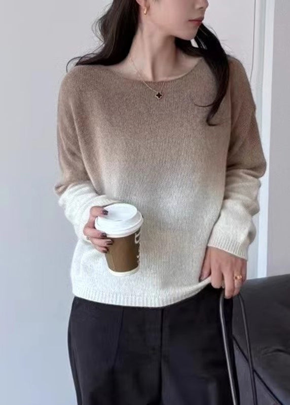 Gradient Color Pink O-neck Cotton Knit Sweaters Spring