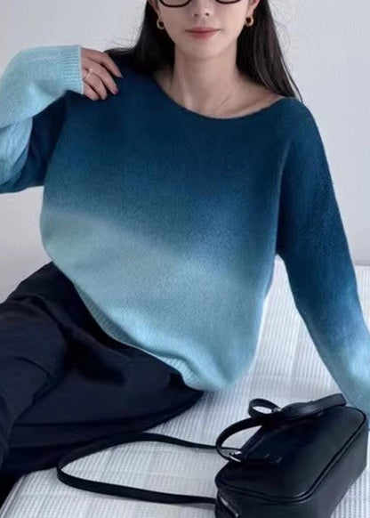 Gradient Color Pink O-neck Cotton Knit Sweaters Spring