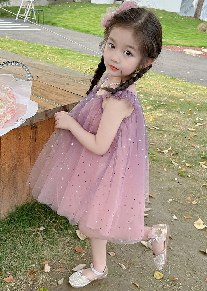 Gradient Color Pink O-neck Sequins Tulle Mid Dress Short Sleeve
