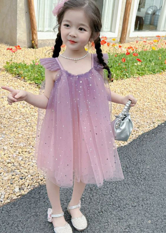 Gradient Color Pink O-neck Sequins Tulle Mid Dress Short Sleeve