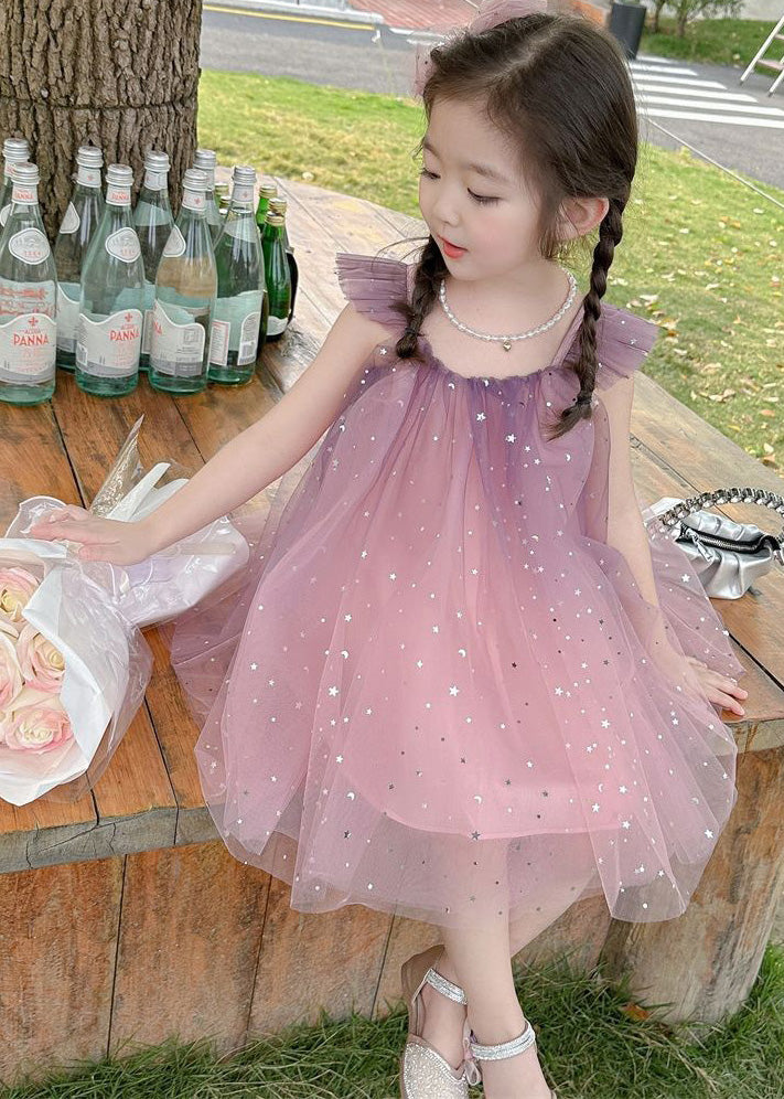 Gradient Color Pink O-neck Sequins Tulle Mid Dress Short Sleeve