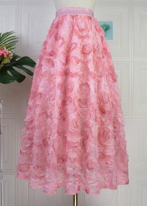Gradient Color Pink Rose Embroideried High Waist Tulle Maxi Skirt Spring