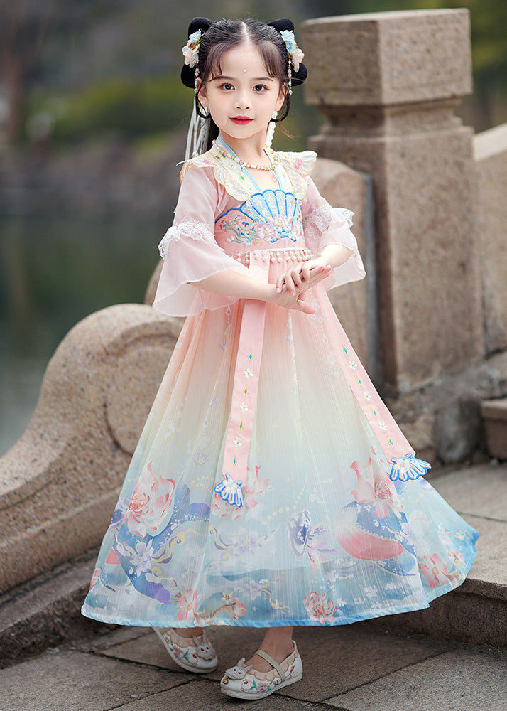 Gradient Color Print Lace Patchwork Tassel Holiday Long Dress Summer