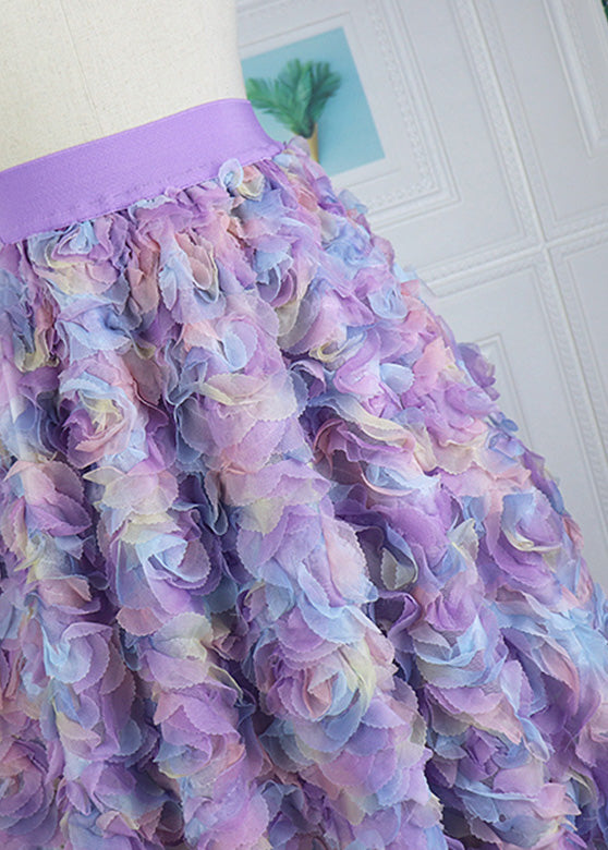 Gradient Color Purple Embroideried Elastic Waist Tulle Maxi Skirt Long Sleeve