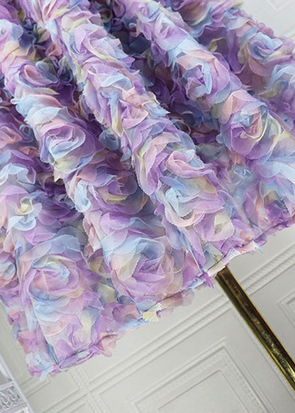 Gradient Color Purple Embroideried Elastic Waist Tulle Maxi Skirt Long Sleeve