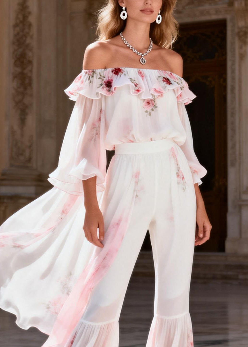 Gradient Color Slash Neck Print Chiffon Top and Flared Trousers Two Pieces Set Long Sleeve
