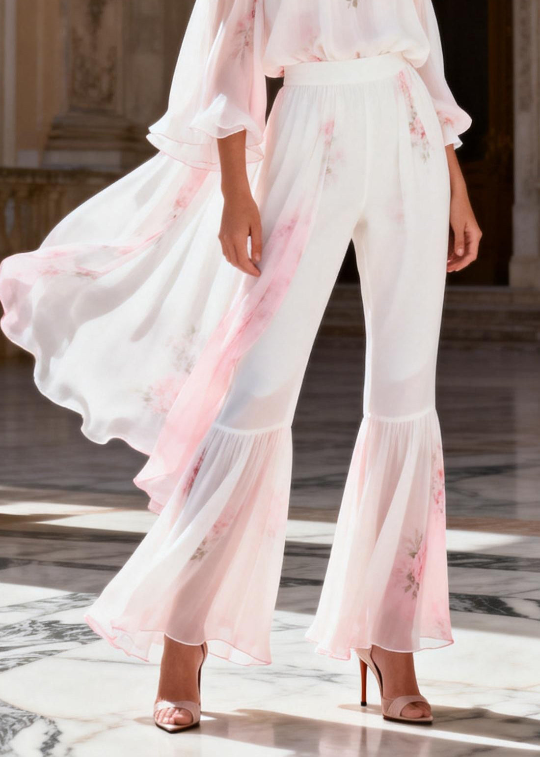 Gradient Color Slash Neck Print Chiffon Top and Flared Trousers Two Pieces Set Long Sleeve