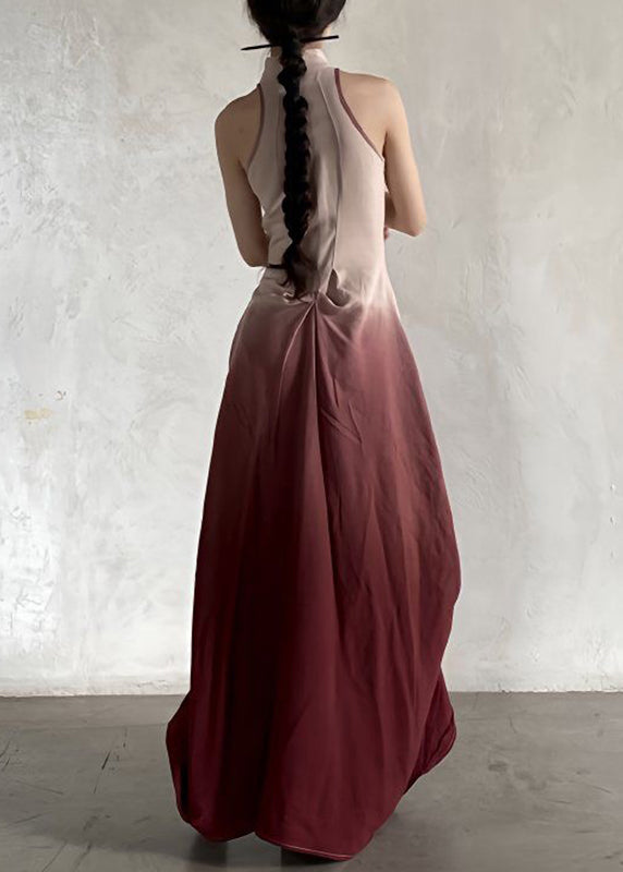 Gradient Color Stand Collar Patchwork Slim Maxi Dress Sleeveless