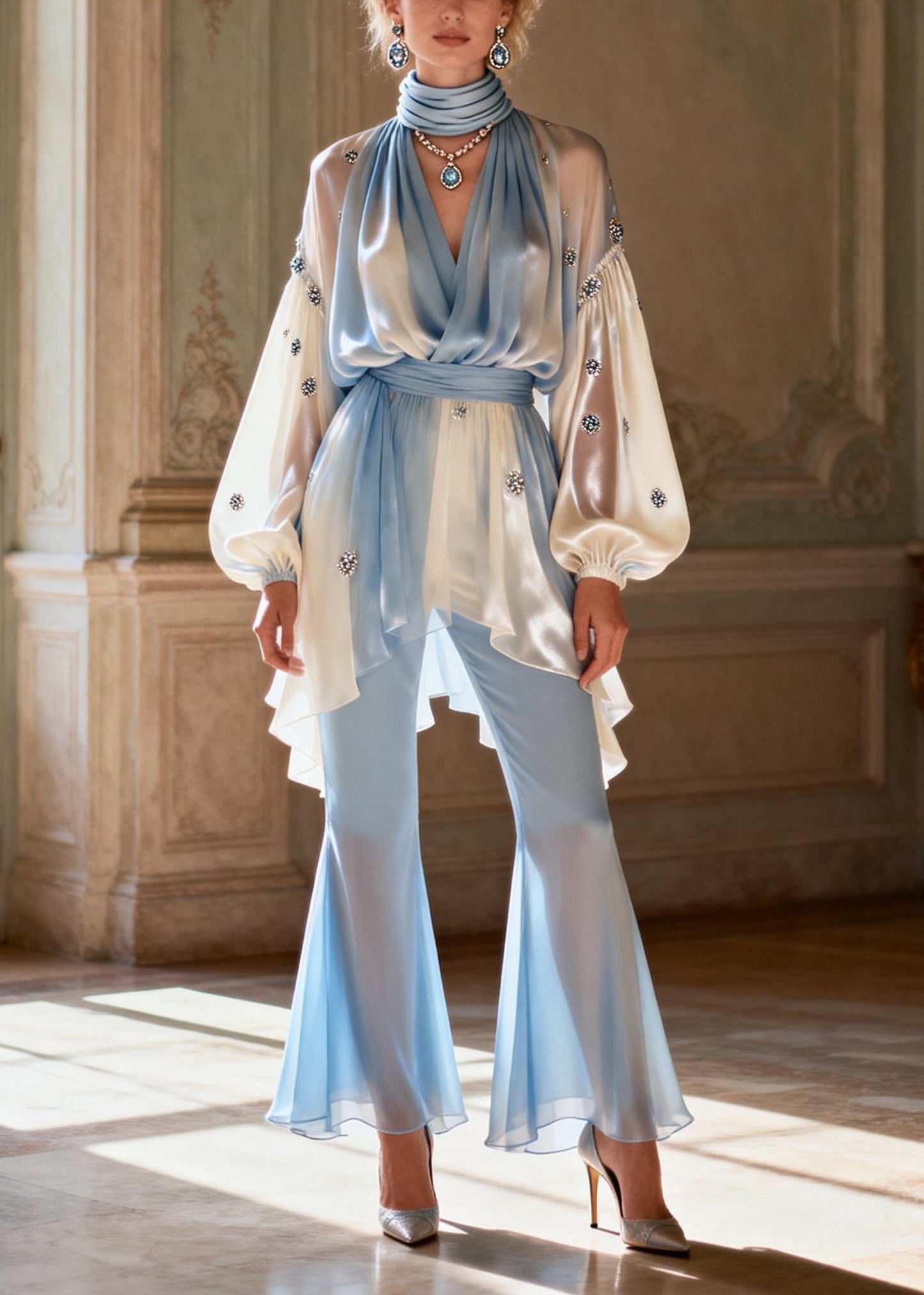 Gradient Color V Neck Patchwork Tunic Chiffon Shirts and Flared Trousers Two Pieces Set Spring