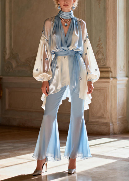 Gradient Color V Neck Patchwork Tunic Chiffon Shirts and Flared Trousers Two Pieces Set Spring