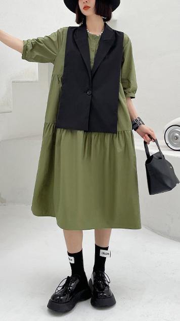 Grass Green Detachable Vest Dress Two Piece Suit