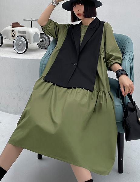 Grass Green Detachable Vest Dress Two Piece Suit
