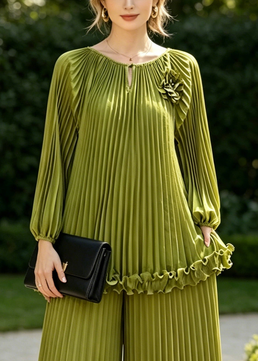 Grass Green Draping Chiffon Two Piece Set Clothing Wrinkled Spring