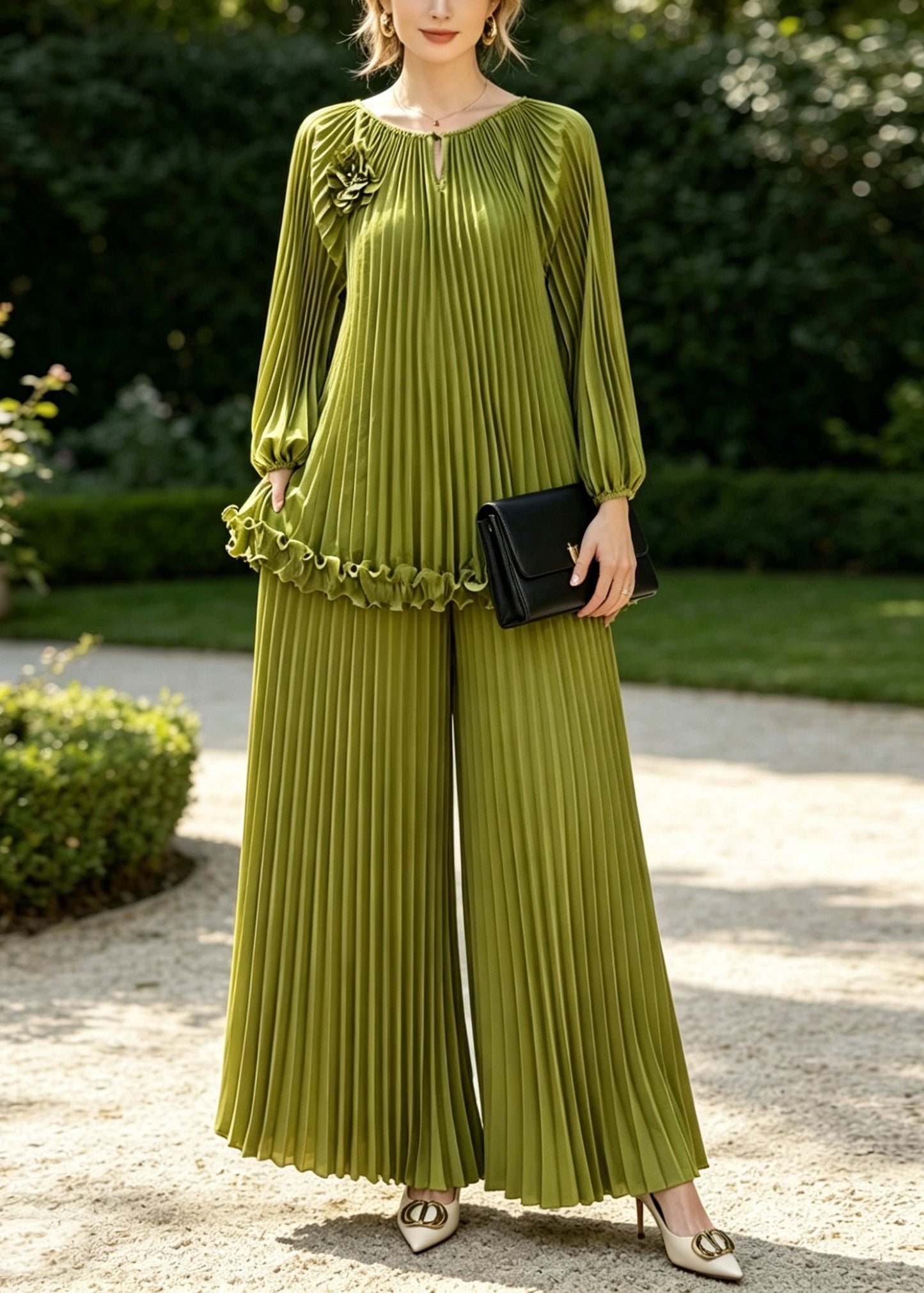Grass Green Draping Chiffon Two Piece Set Clothing Wrinkled Spring