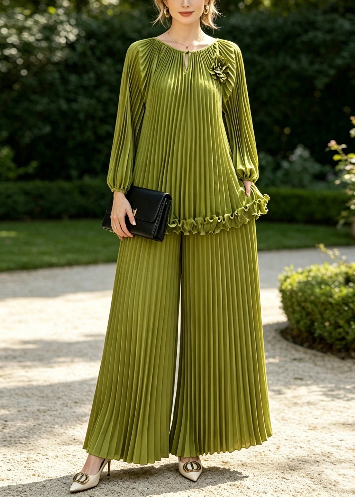 Grass Green Draping Chiffon Two Piece Set Clothing Wrinkled Spring