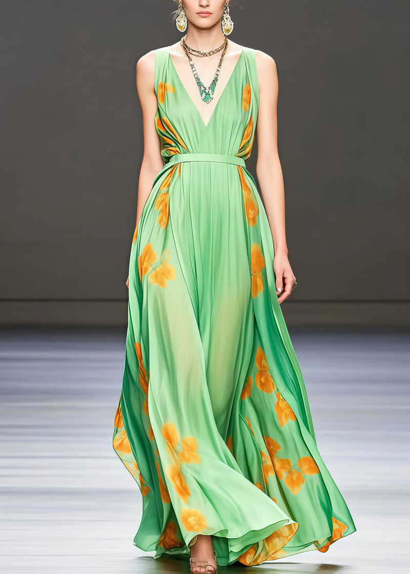 Grass Green Print Chiffon Vacation Dresses Exra Large Hem Summer