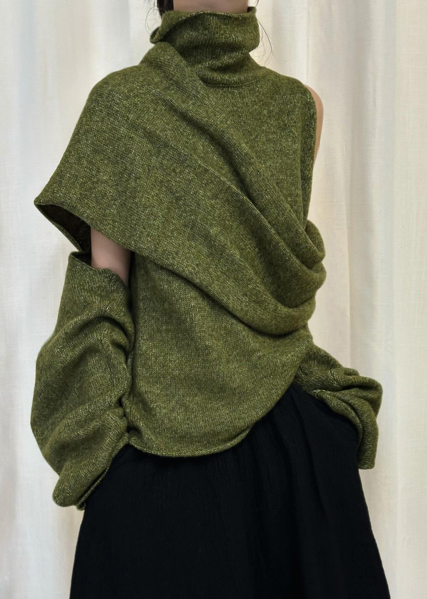 Green Asymmetrical Knit Sweater Turtleneck Winter