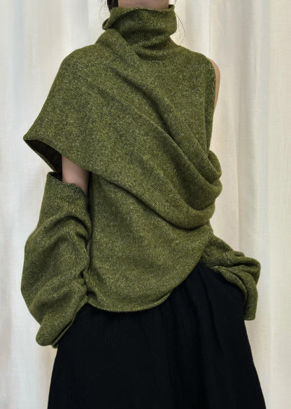 Green Asymmetrical Knit Sweater Turtleneck Winter