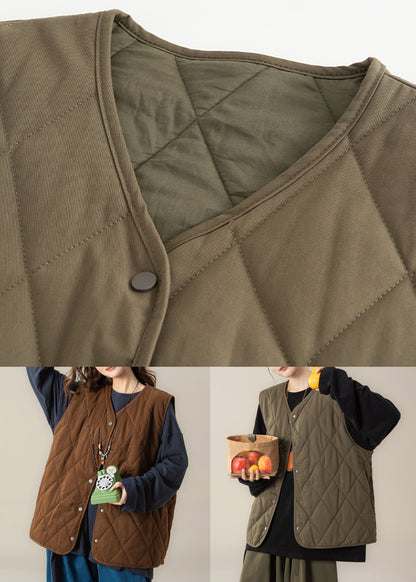 Green Button Cotton Filled Waistcoat and Black T Shirt Two Pieces Set V Neck