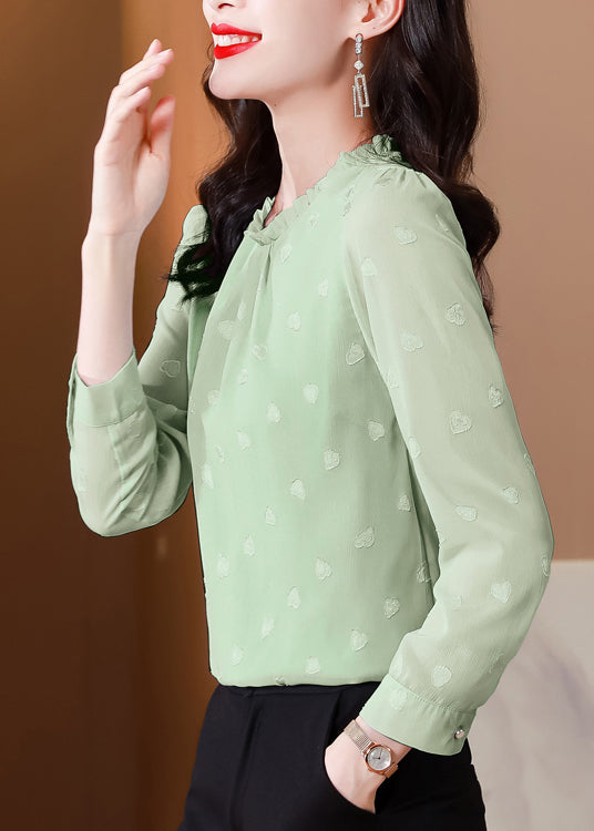 Green Chiffon Shirt Top O-neck Ruffled Spring