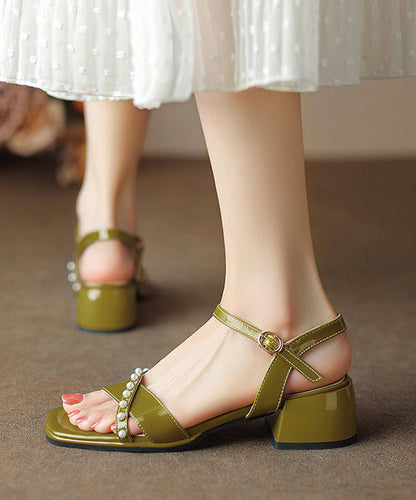 Green Chunky Heel Faux Leather Splicing Nail Bead Sandals