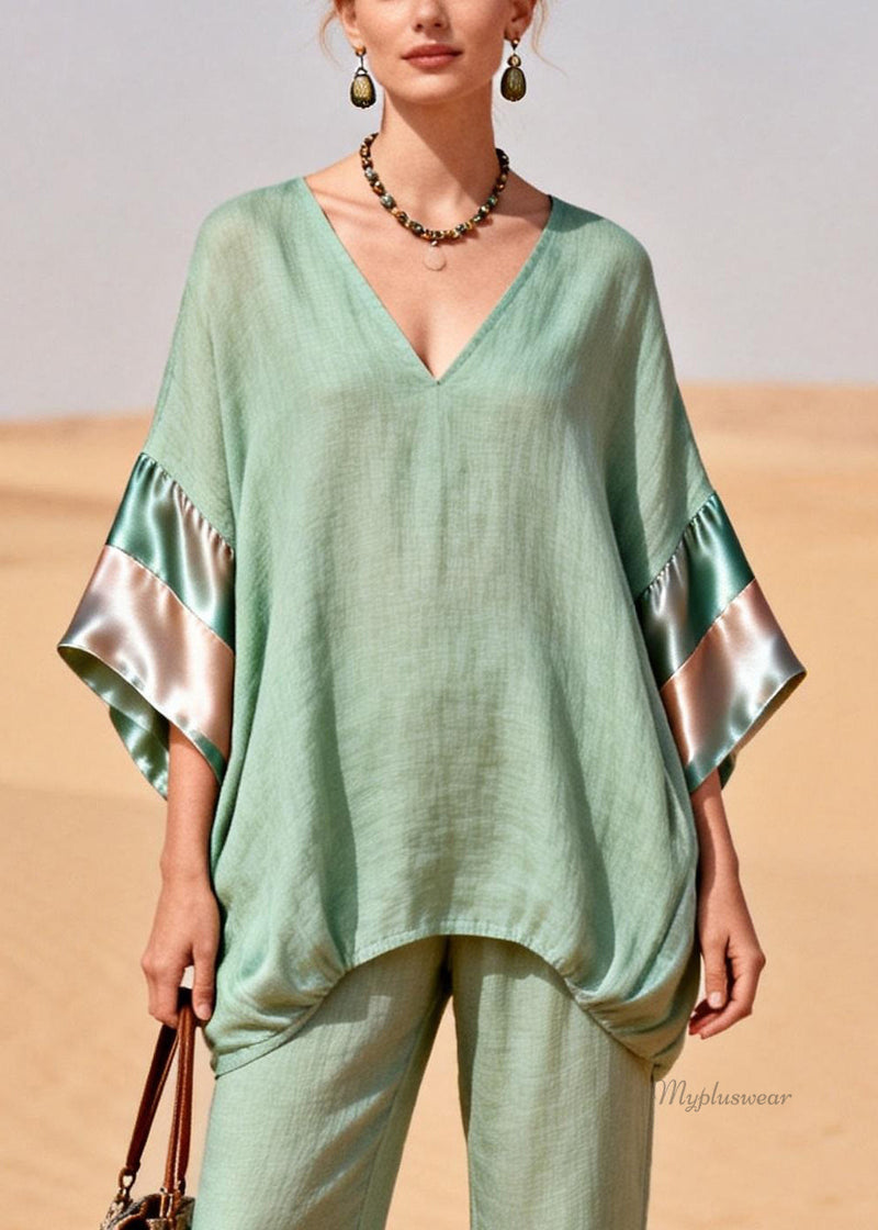 Green Cinched Silk Patchwork Linen Two Pieces Set V Neck Bracelet Sleeve