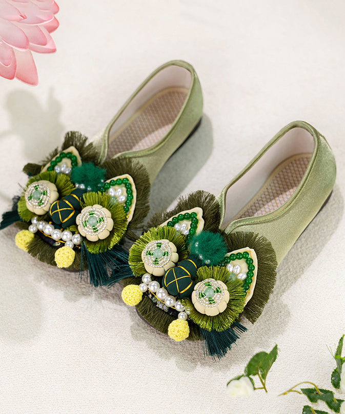 Green Cotton Fabric Nail Bead Splicing Flat Feet Shoes