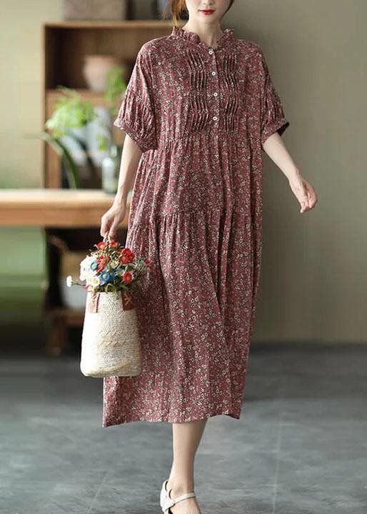 Green Cotton Linen Pleated Breasted Short Sleeve Dress