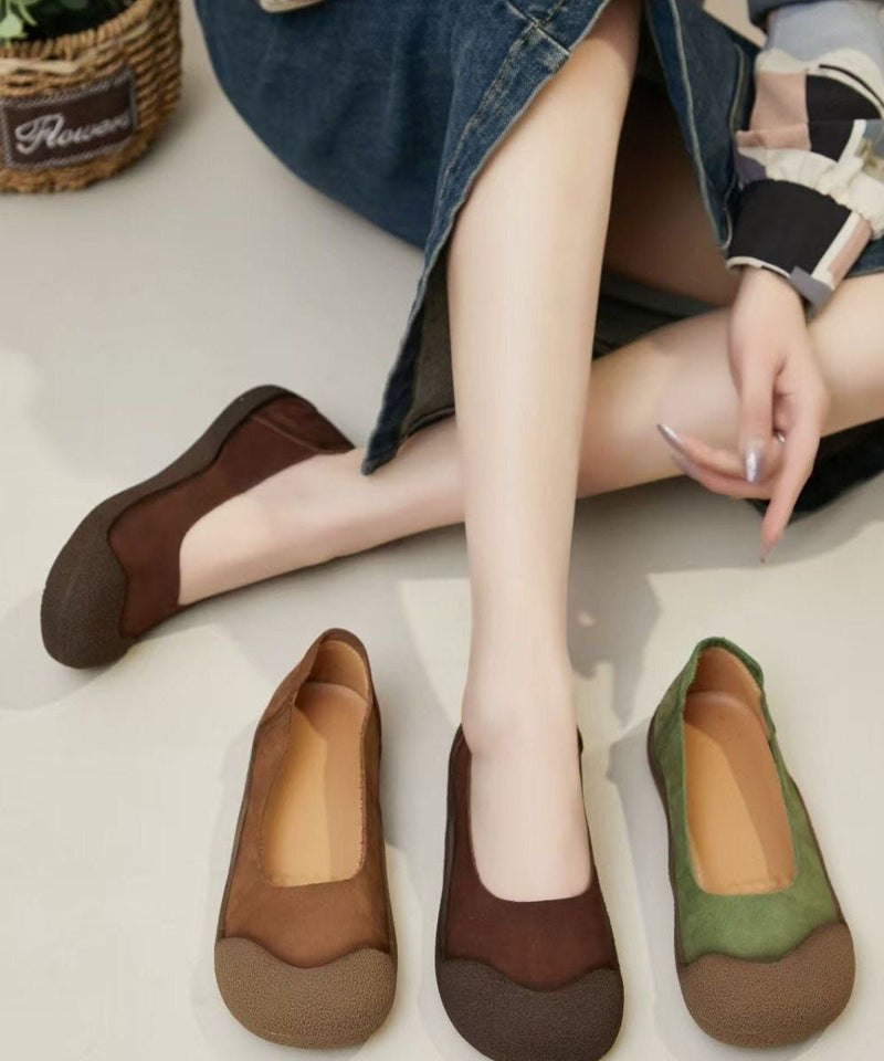 Green Cowhide Leather Comfy Splicing Flat Shoes