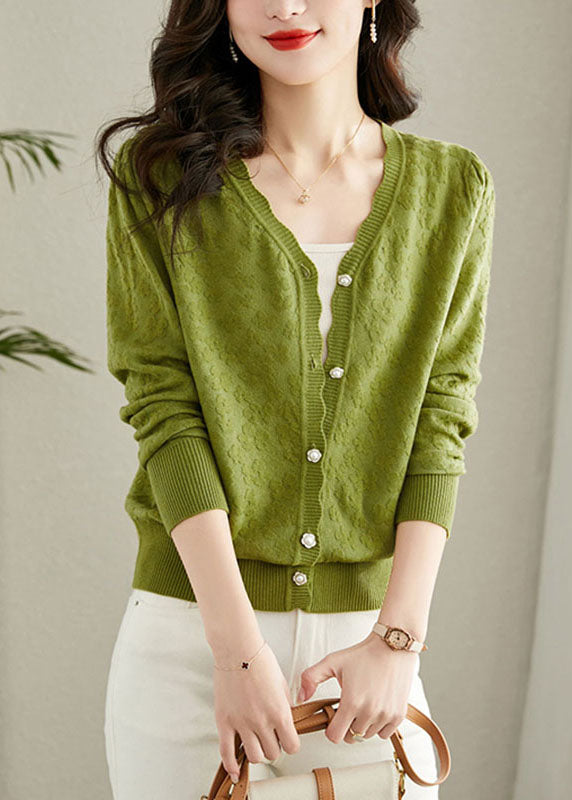 Green Embroidered Button Knit Cardigans Fall