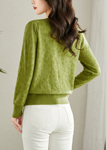Green Embroidered Button Knit Cardigans Fall