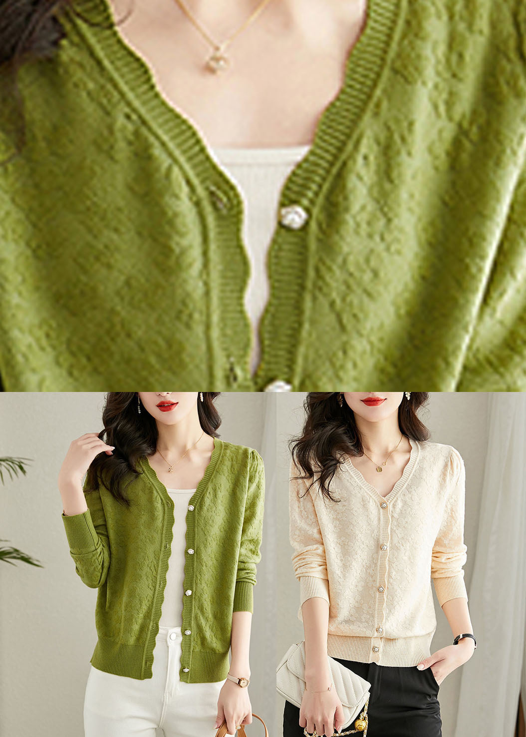 Green Embroidered Button Knit Cardigans Fall