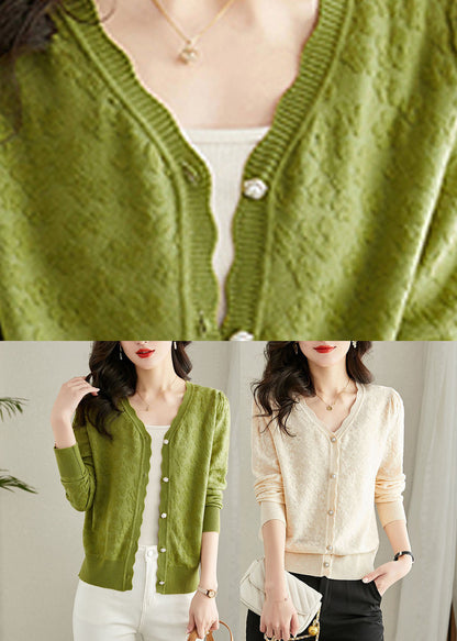 Green Embroidered Button Knit Cardigans Fall