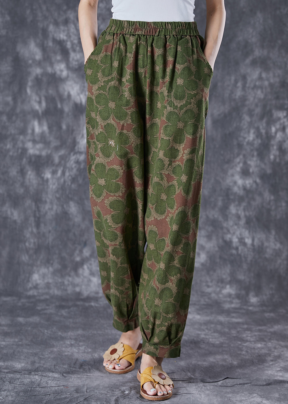 Green Print Linen Pants Oversized Elastic Waist Summer