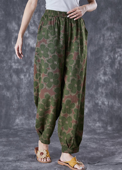 Green Print Linen Pants Oversized Elastic Waist Summer