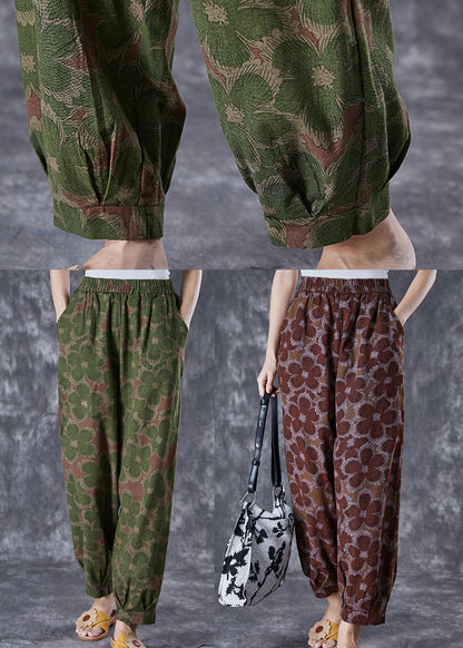Green Print Linen Pants Oversized Elastic Waist Summer