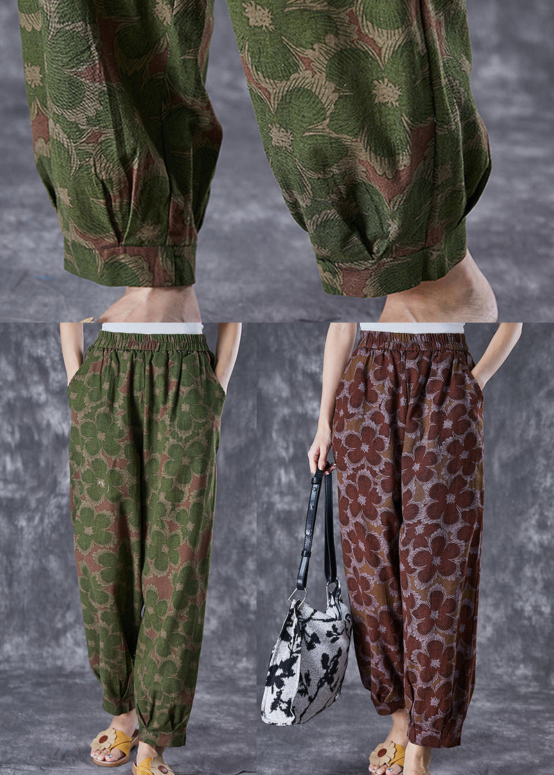 Green Print Linen Pants Oversized Elastic Waist Summer