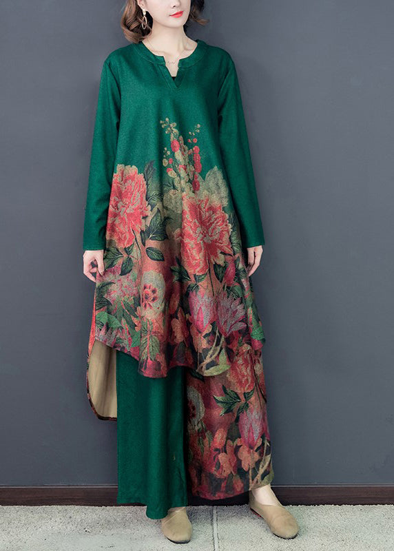 Green Silk Dress and Wide Leg Pants Two Pieces Set Low High Design Spring