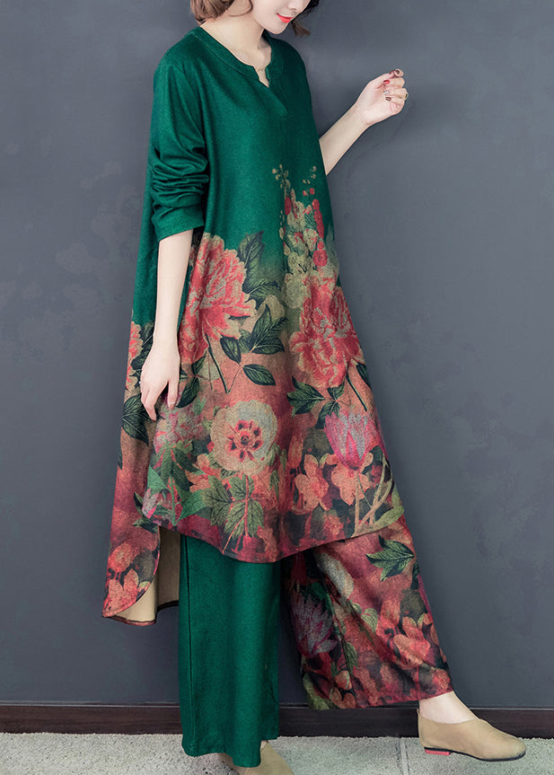 Green Silk Dress and Wide Leg Pants Two Pieces Set Low High Design Spring