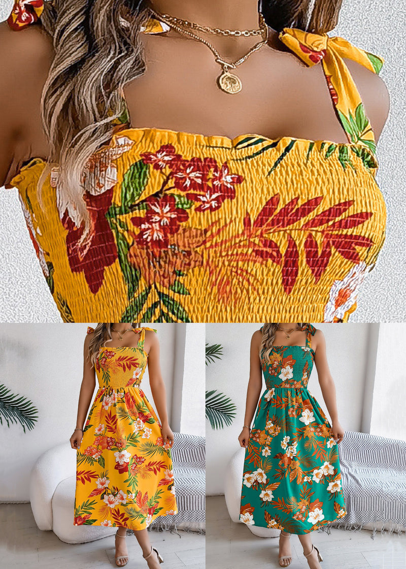 Green High Waist Cotton Spaghetti Strap Dress Cold Shoulder Sleeveless