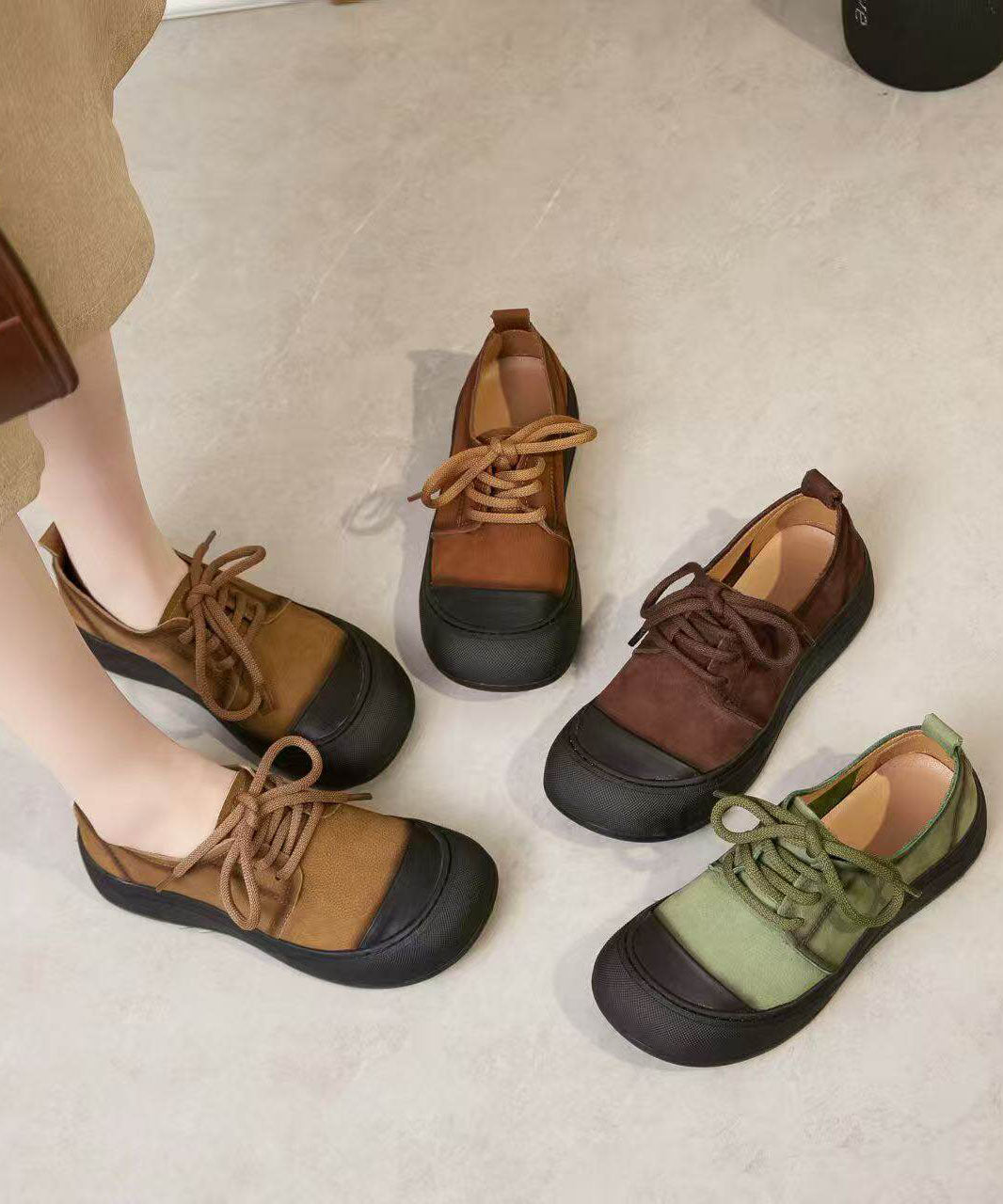 Green Lace Up Cowhide Leather Splicing Flat Feet Shoes